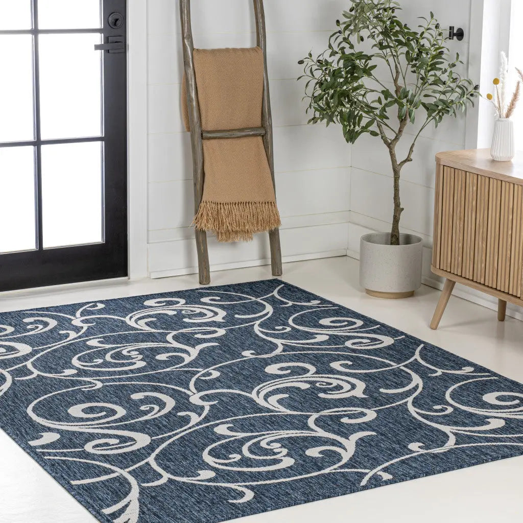 8' X 10' Navy Blue And Cream Floral Indoor Outdoor Area Rug - GreatEagleInc