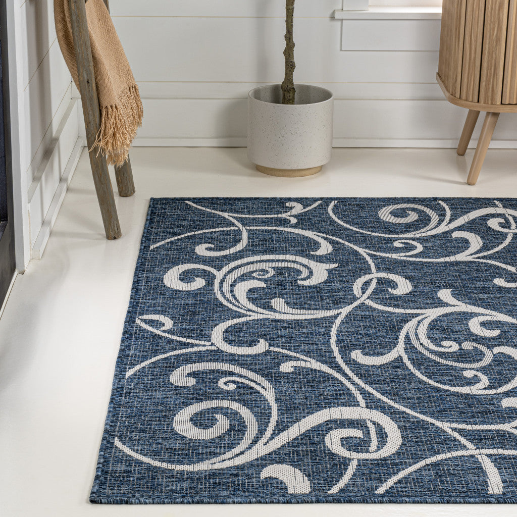 8' X 10' Navy Blue And Cream Floral Indoor Outdoor Area Rug - GreatEagleInc