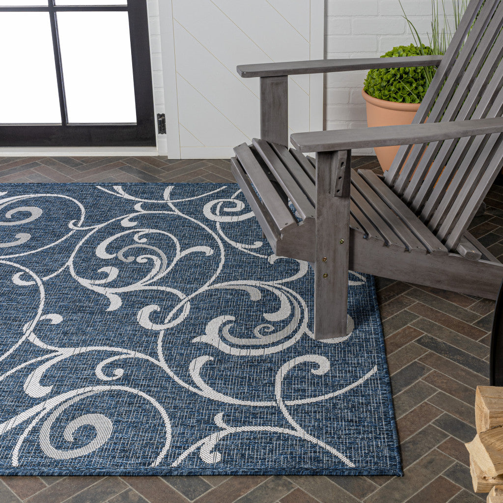 8' X 10' Navy Blue And Cream Floral Indoor Outdoor Area Rug - GreatEagleInc