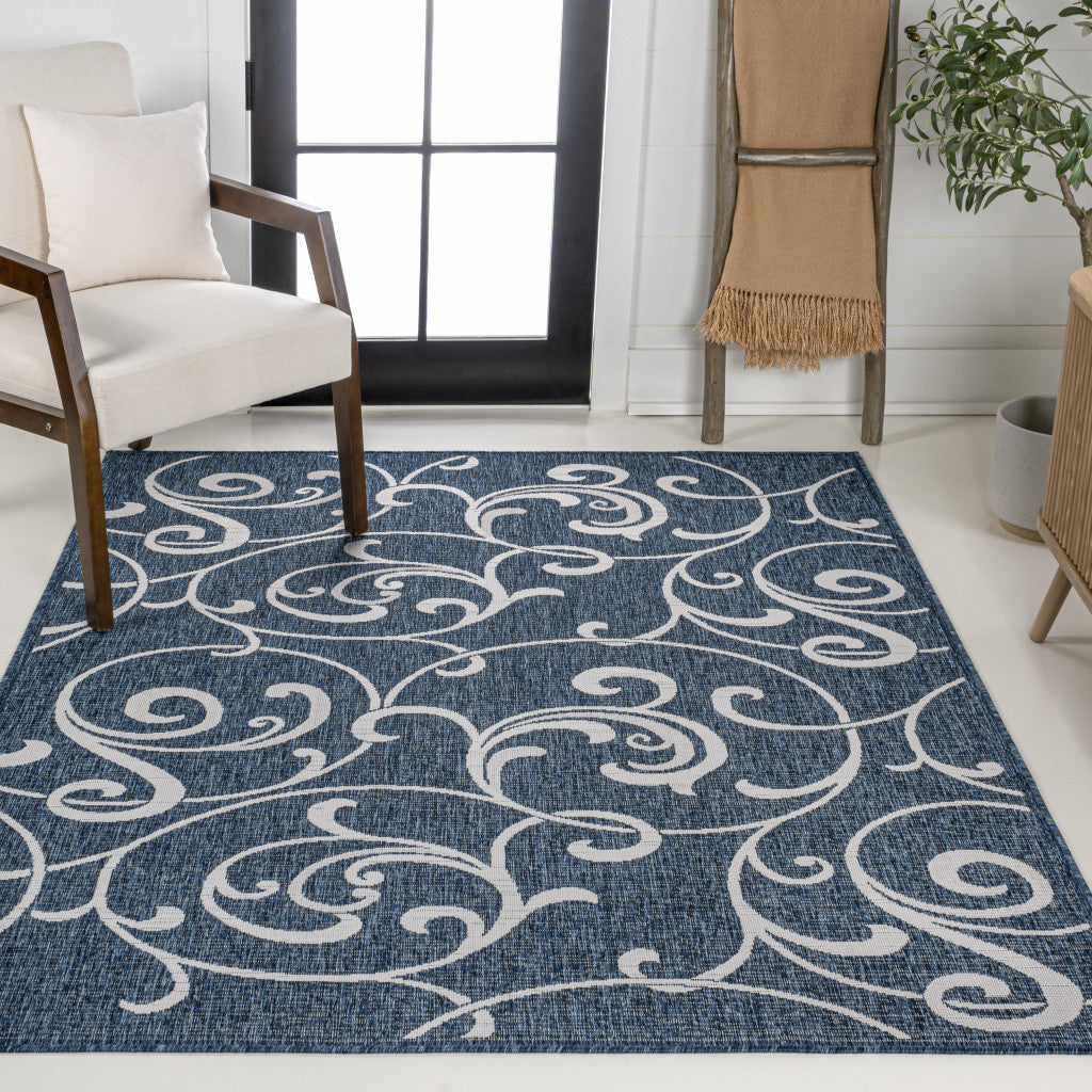 8' X 10' Navy Blue And Cream Floral Indoor Outdoor Area Rug - GreatEagleInc