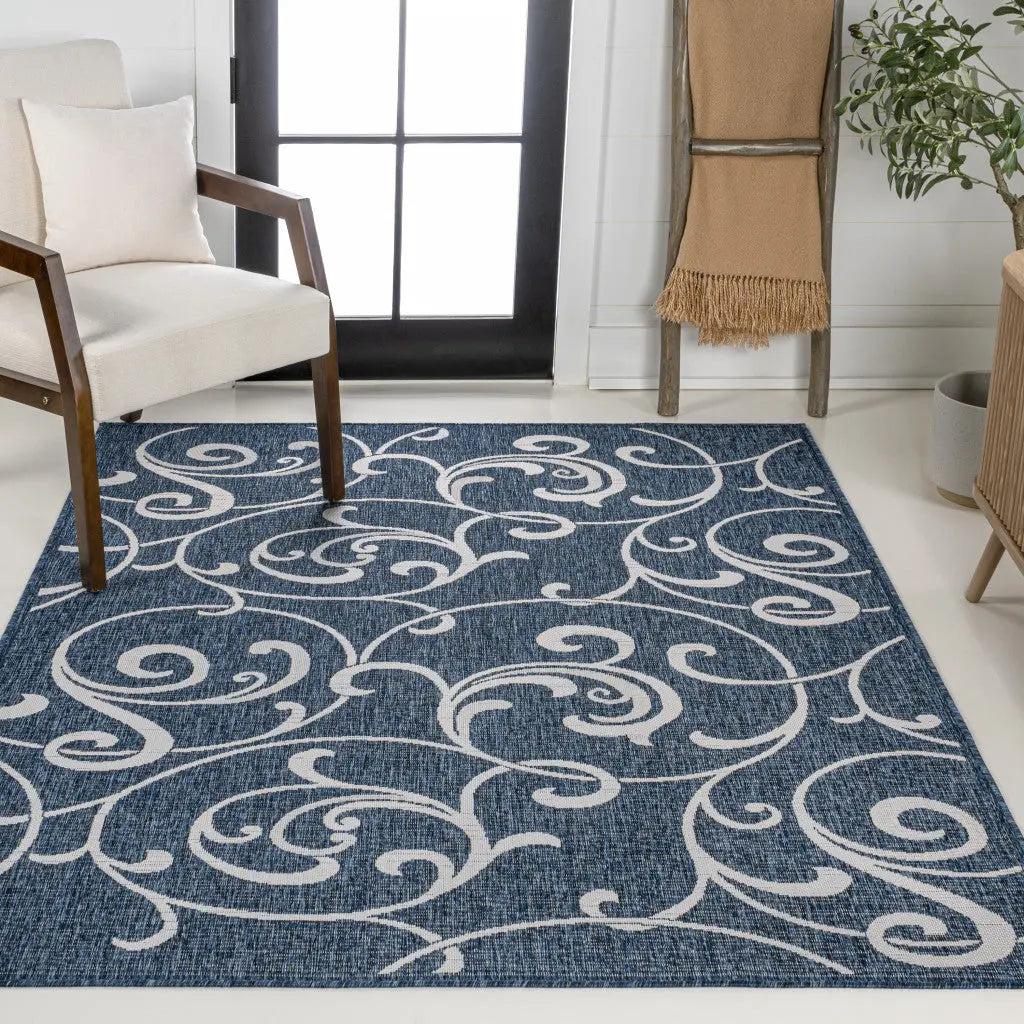 8' X 10' Navy Blue And Cream Floral Indoor Outdoor Area Rug - GreatEagleInc