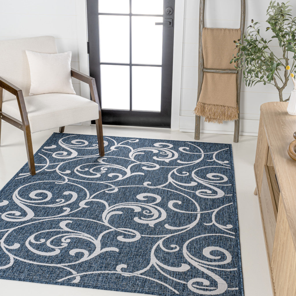 8' X 10' Navy Blue And Cream Floral Indoor Outdoor Area Rug - GreatEagleInc