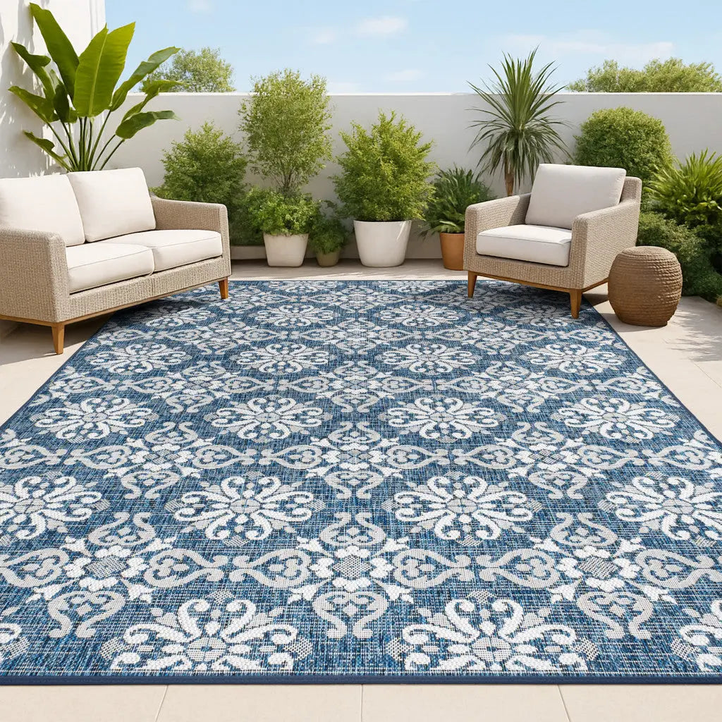 8' X 10' Navy Blue And Cream Floral Indoor Outdoor Area Rug Homeroots Outdoor