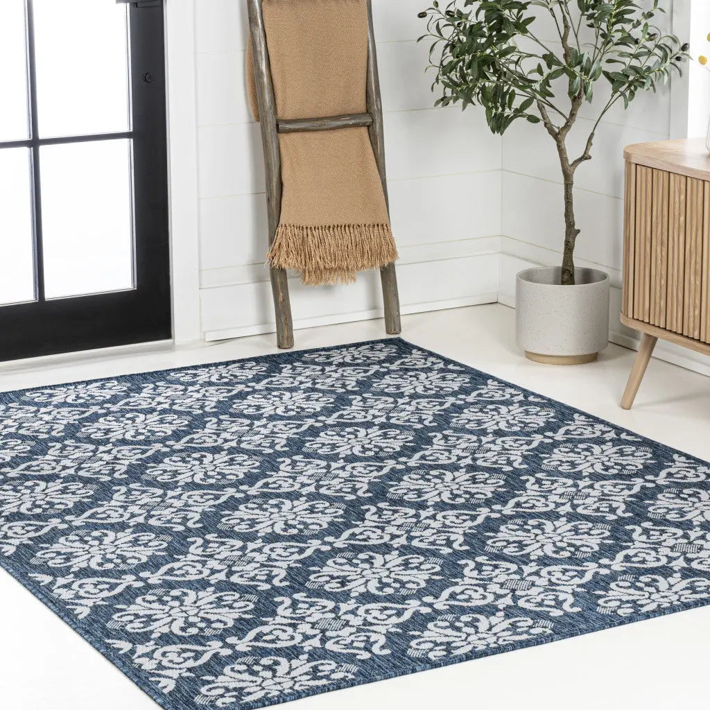 8' X 10' Navy Blue And Cream Floral Indoor Outdoor Area Rug Homeroots Outdoor