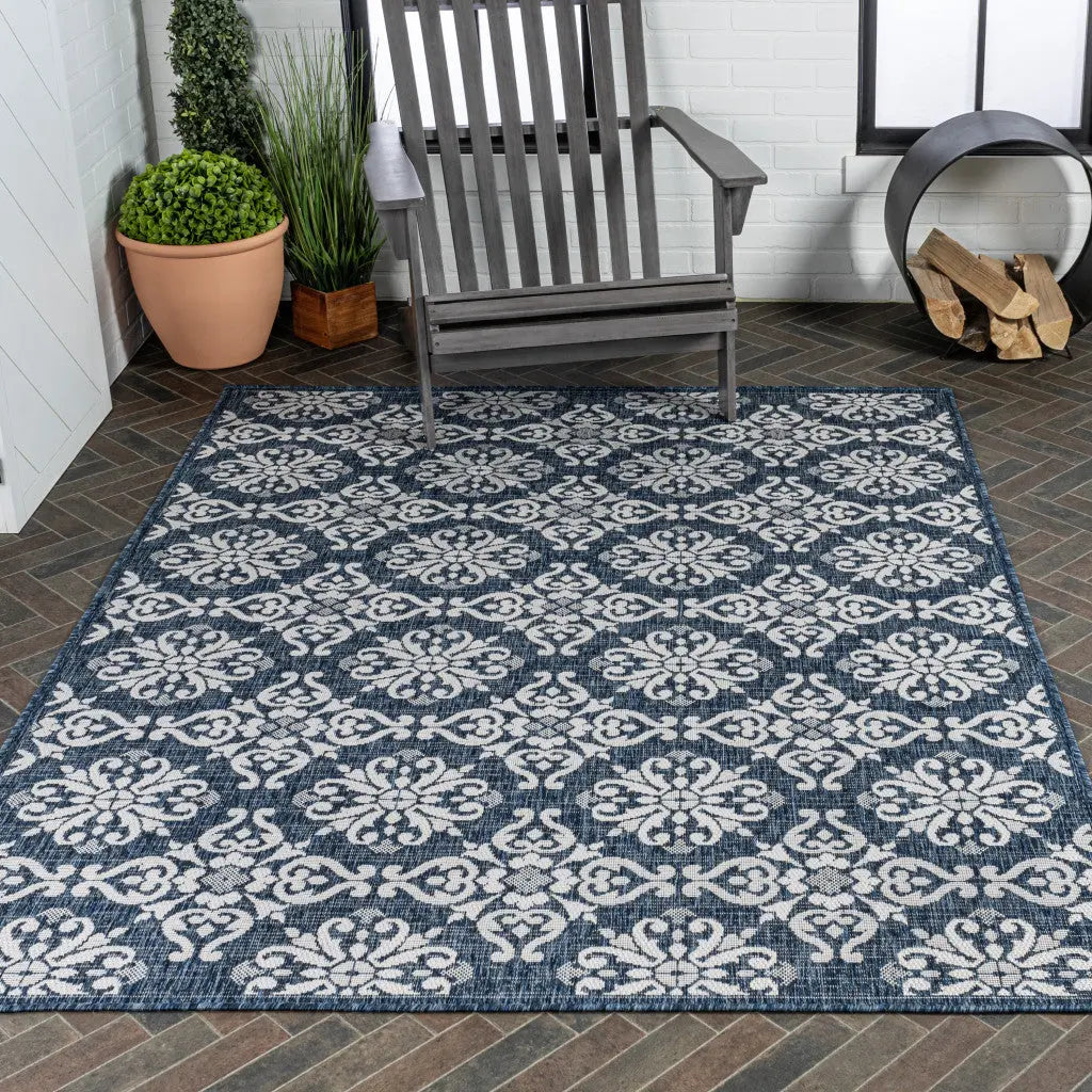 8' X 10' Navy Blue And Cream Floral Indoor Outdoor Area Rug Homeroots Outdoor