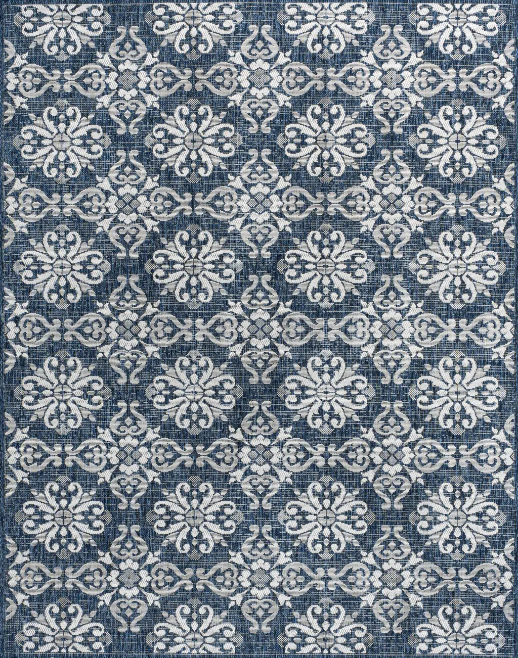 8' X 10' Navy Blue And Cream Floral Indoor Outdoor Area Rug Homeroots Outdoor