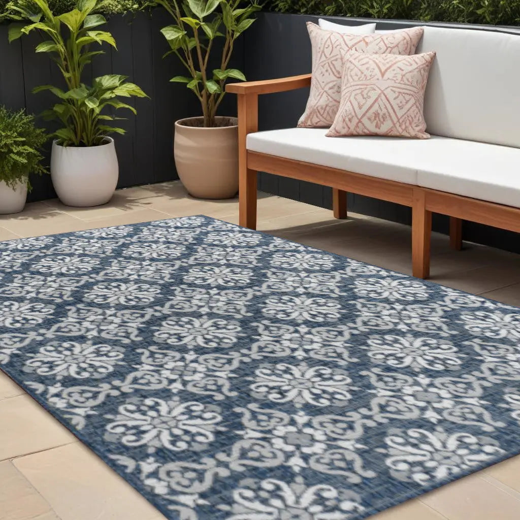 8' X 10' Navy Blue And Cream Floral Indoor Outdoor Area Rug Homeroots Outdoor