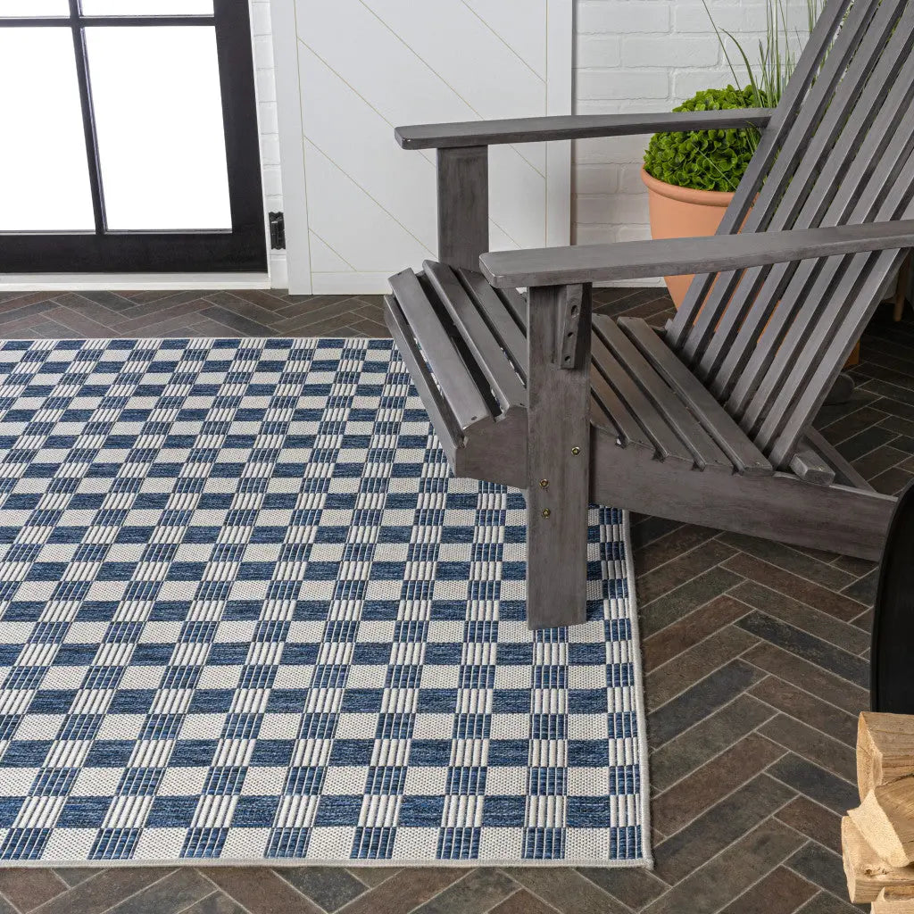 8' X 10' Navy Blue And Cream Geometric Indoor Outdoor Area Rug Homeroots Outdoor