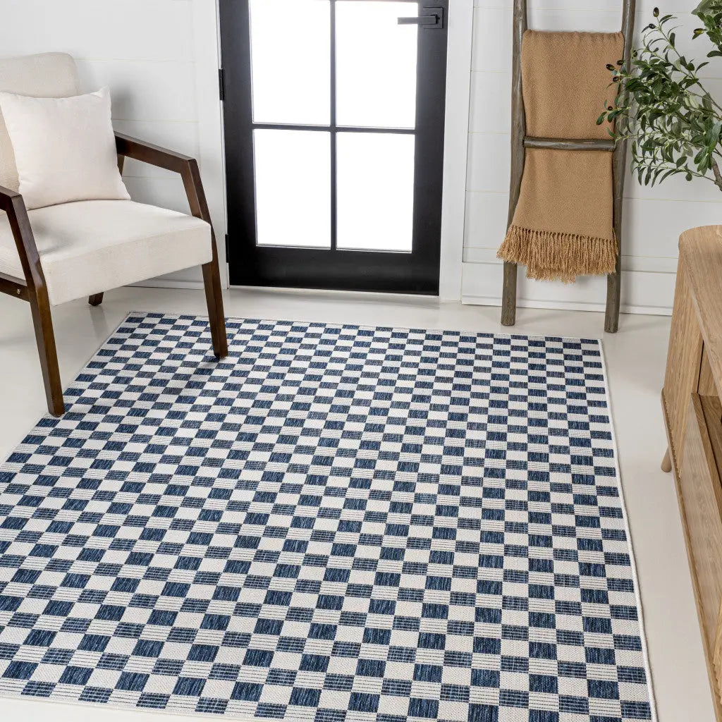 8' X 10' Navy Blue And Cream Geometric Indoor Outdoor Area Rug Homeroots Outdoor