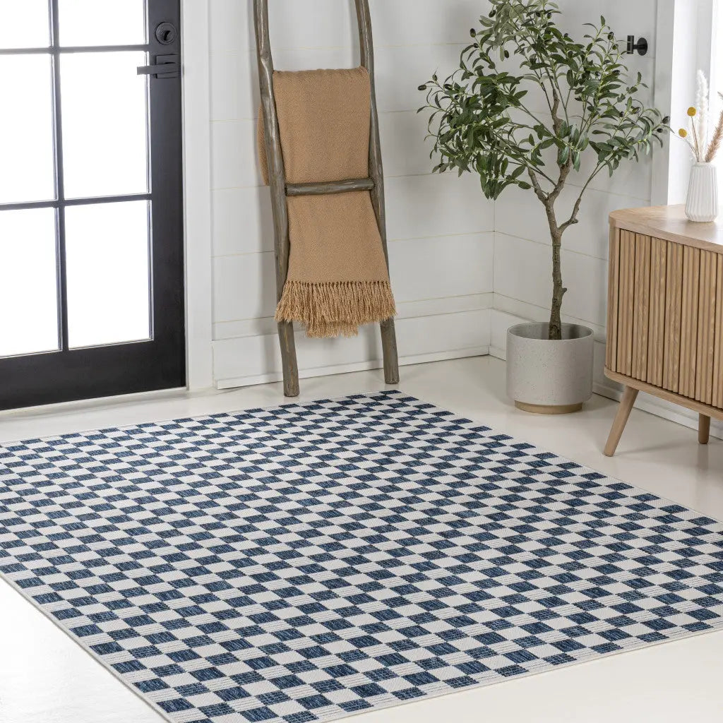 8' X 10' Navy Blue And Cream Geometric Indoor Outdoor Area Rug Homeroots Outdoor