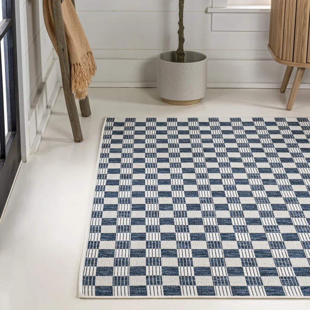 8' X 10' Navy Blue And Cream Geometric Indoor Outdoor Area Rug Homeroots Outdoor