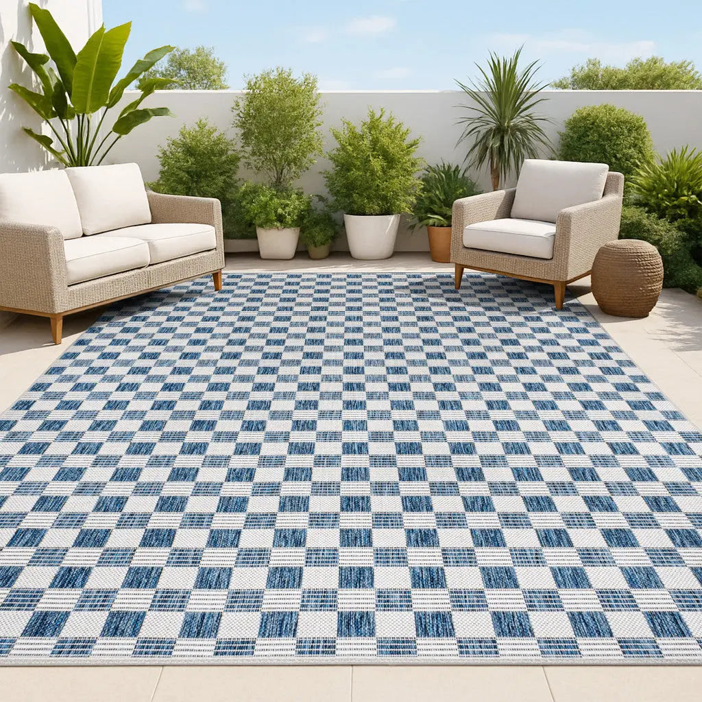 8' X 10' Navy Blue And Cream Geometric Indoor Outdoor Area Rug Homeroots Outdoor