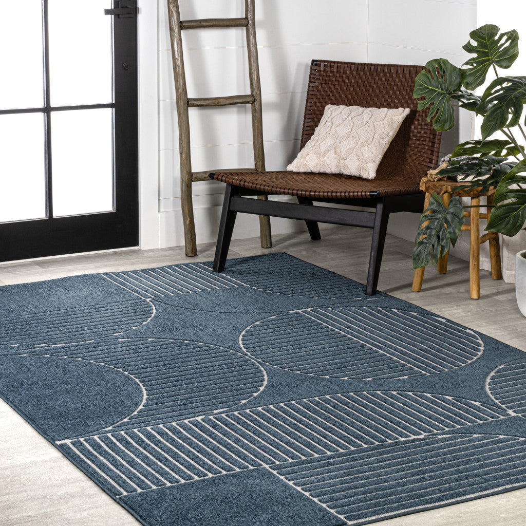 8' X 10' Navy Blue And Cream Striped Indoor Outdoor Area Rug - GreatEagleInc