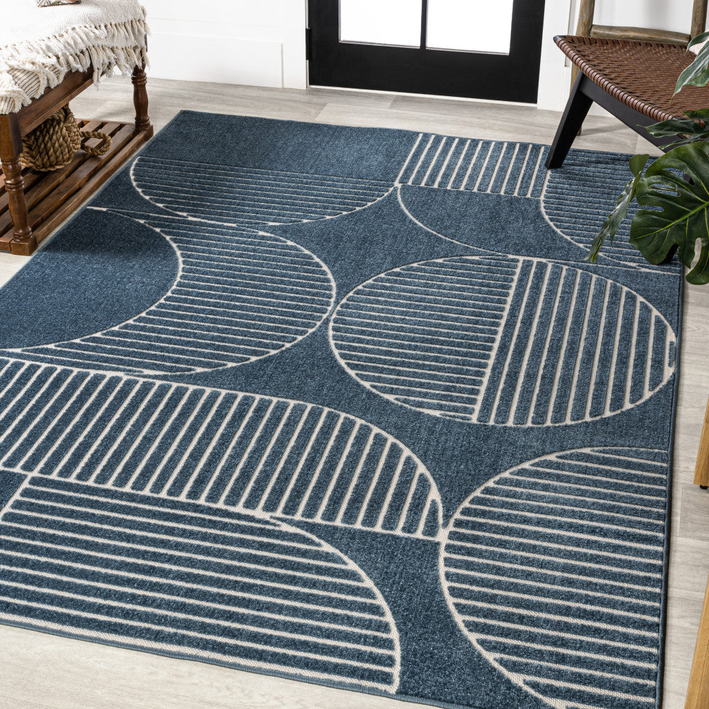 8' X 10' Navy Blue And Cream Striped Indoor Outdoor Area Rug - GreatEagleInc