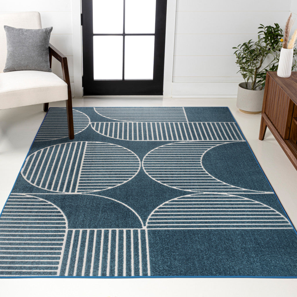 8' X 10' Navy Blue And Cream Striped Indoor Outdoor Area Rug - GreatEagleInc