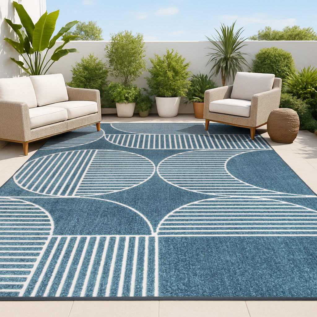 8' X 10' Navy Blue And Cream Striped Indoor Outdoor Area Rug - GreatEagleInc