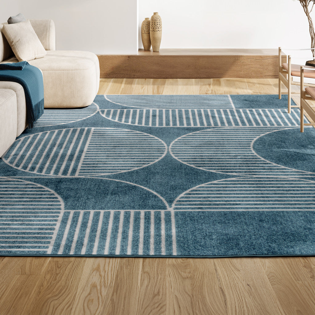 8' X 10' Navy Blue And Cream Striped Indoor Outdoor Area Rug - GreatEagleInc