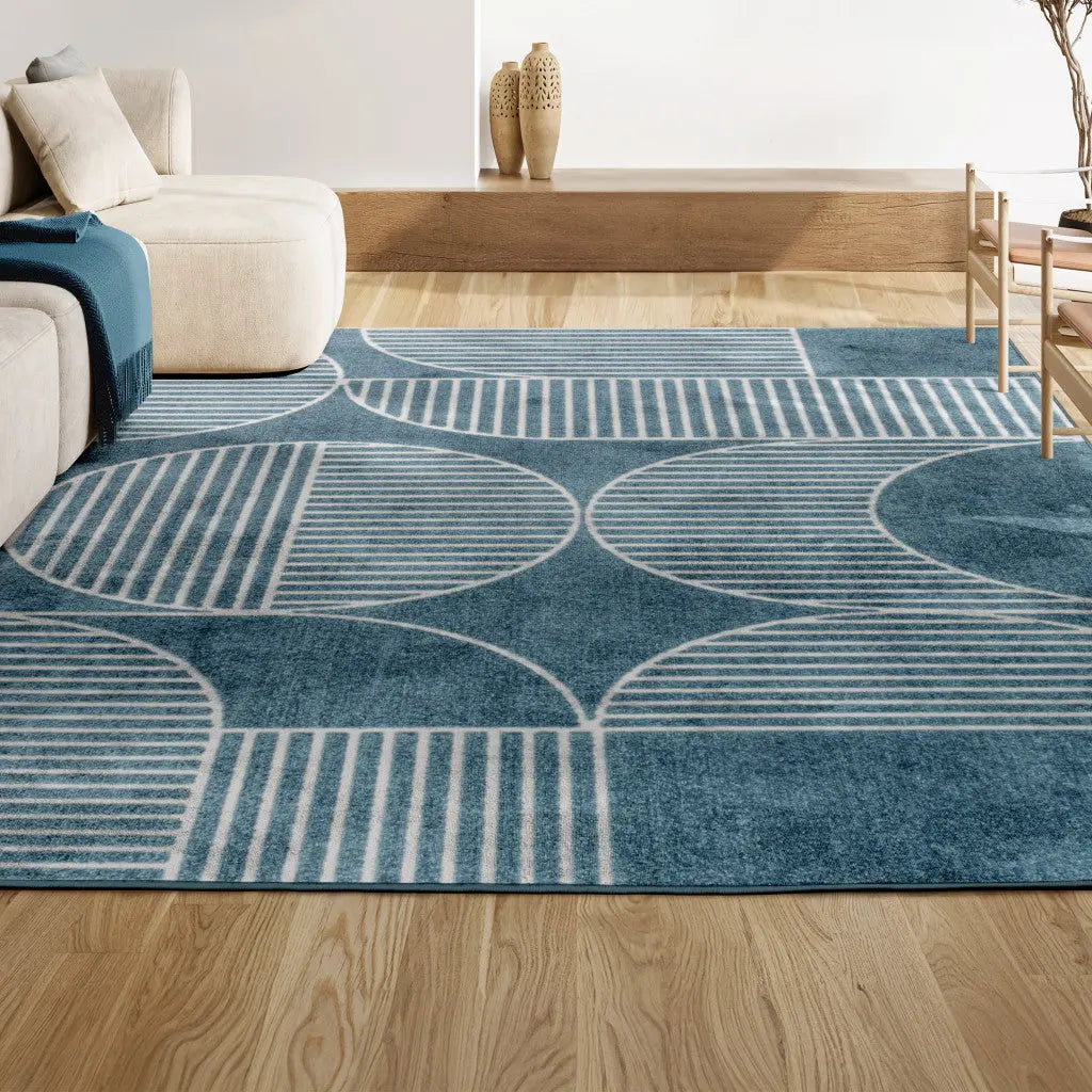 8' X 10' Navy Blue And Cream Striped Indoor Outdoor Area Rug - GreatEagleInc