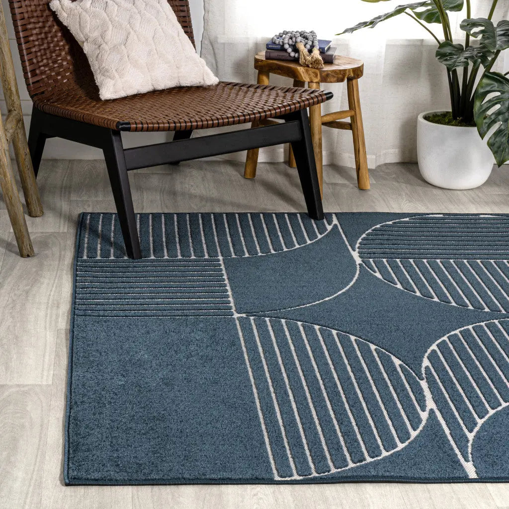 8' X 10' Navy Blue And Cream Striped Indoor Outdoor Area Rug - GreatEagleInc