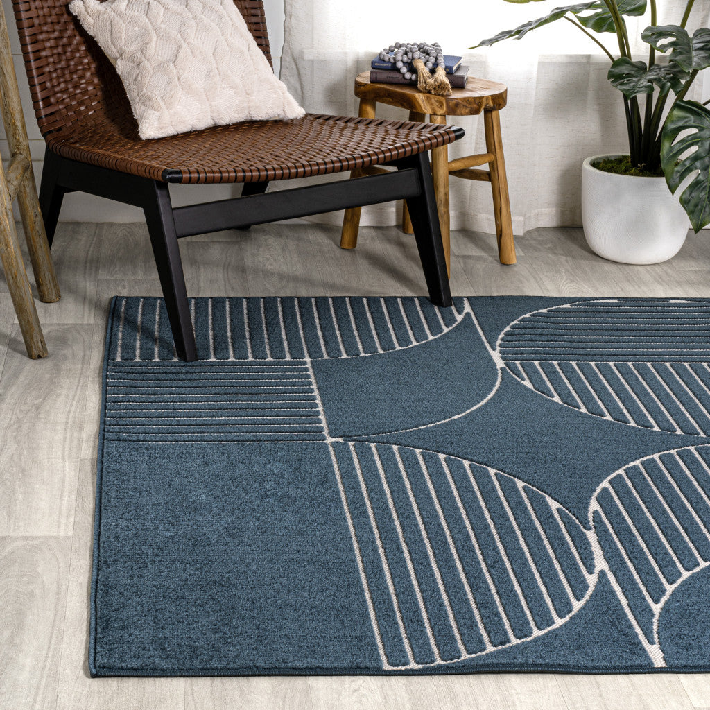 8' X 10' Navy Blue And Cream Striped Indoor Outdoor Area Rug - GreatEagleInc