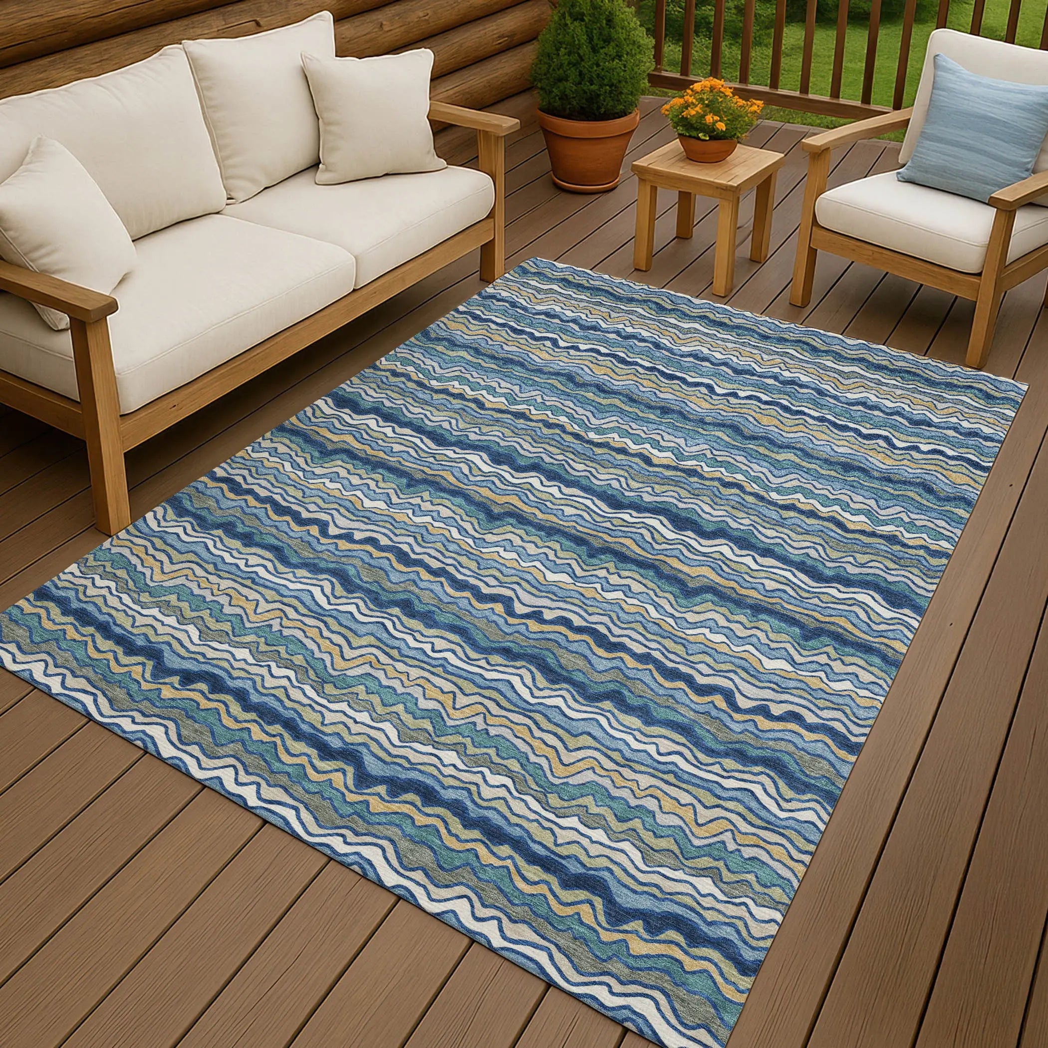 8' X 10' Navy Blue And Denim Blue Striped Washable Indoor Outdoor Area Rug Homeroots Outdoor