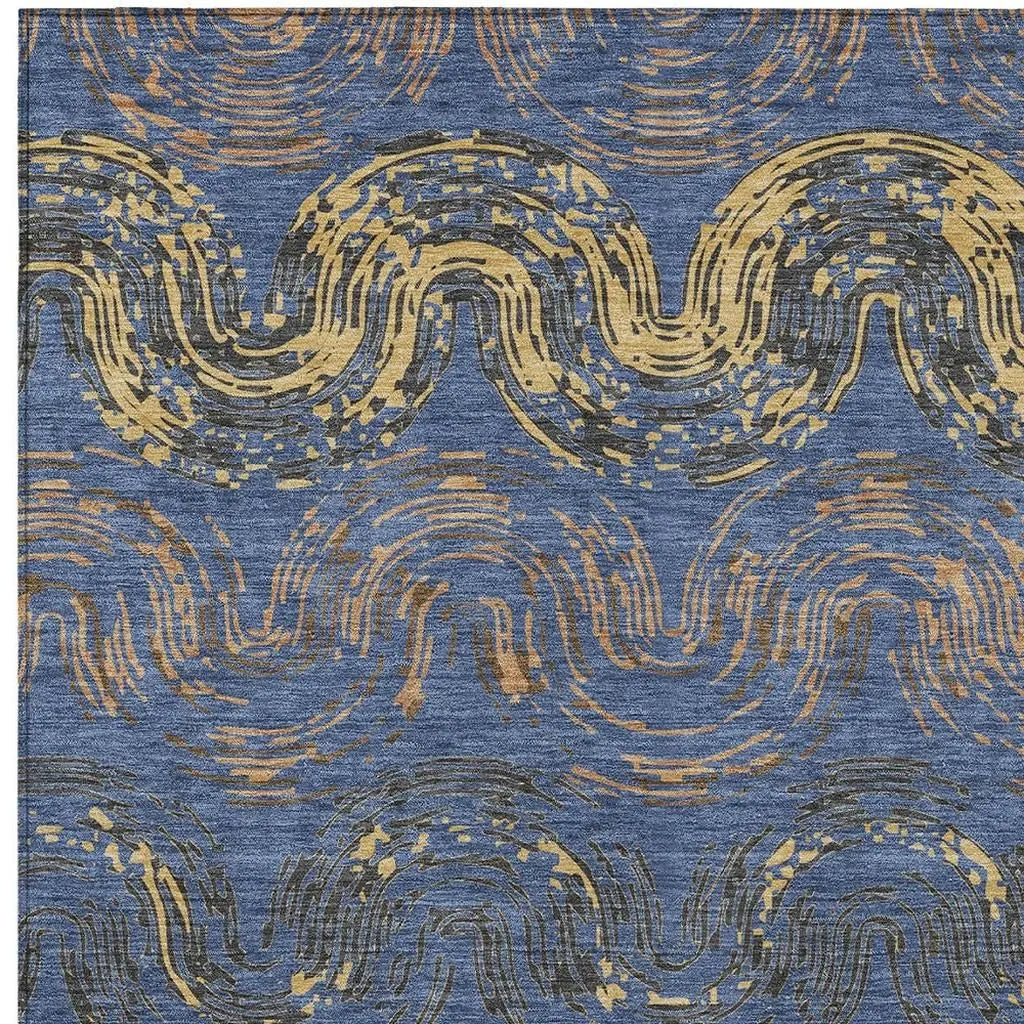 8' X 10' Navy Blue And Gold Abstract Washable Indoor Outdoor Area Rug Homeroots Outdoor