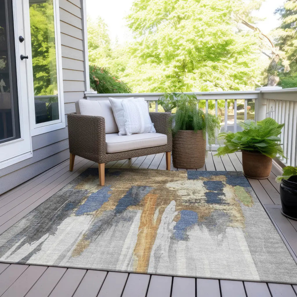 8' X 10' Navy Blue And Gold Abstract Washable Indoor Outdoor Area Rug Homeroots Outdoor
