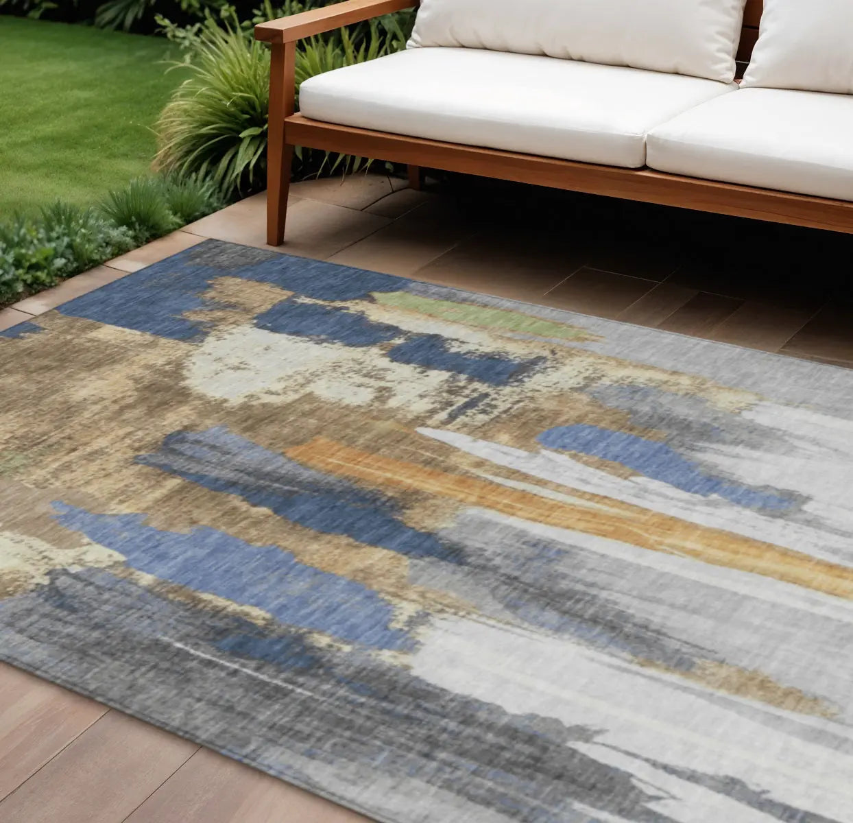 8' X 10' Navy Blue And Gold Abstract Washable Indoor Outdoor Area Rug Homeroots Outdoor