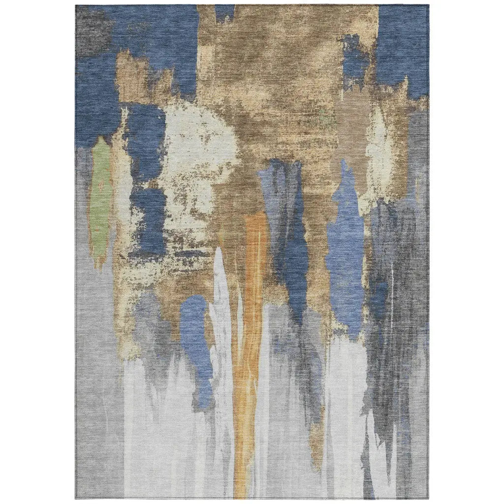 8' X 10' Navy Blue And Gold Abstract Washable Indoor Outdoor Area Rug Homeroots Outdoor