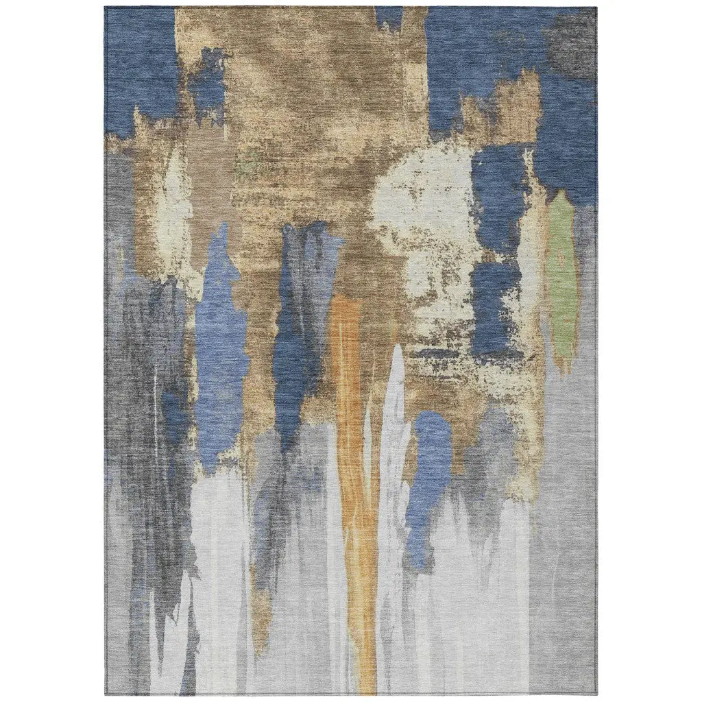 8' X 10' Navy Blue And Gold Abstract Washable Indoor Outdoor Area Rug Homeroots Outdoor