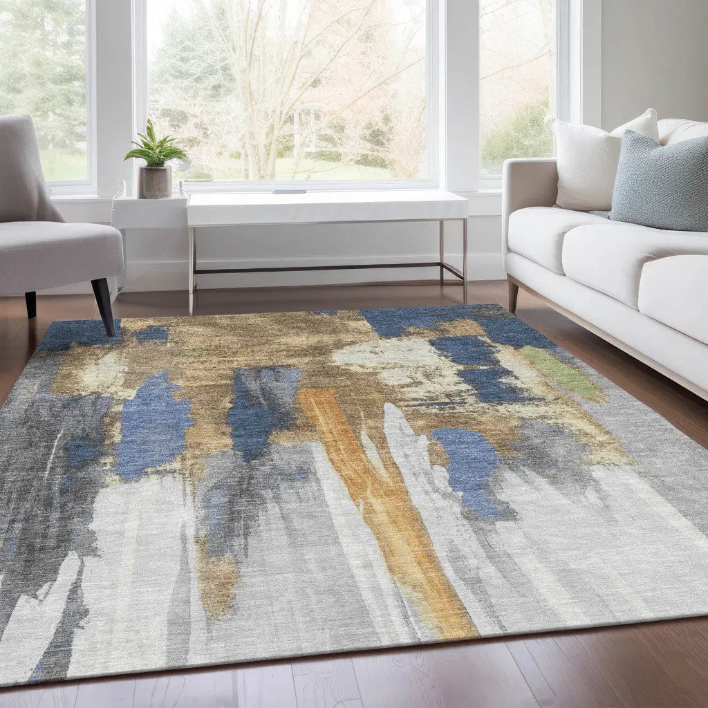 8' X 10' Navy Blue And Gold Abstract Washable Indoor Outdoor Area Rug Homeroots Outdoor