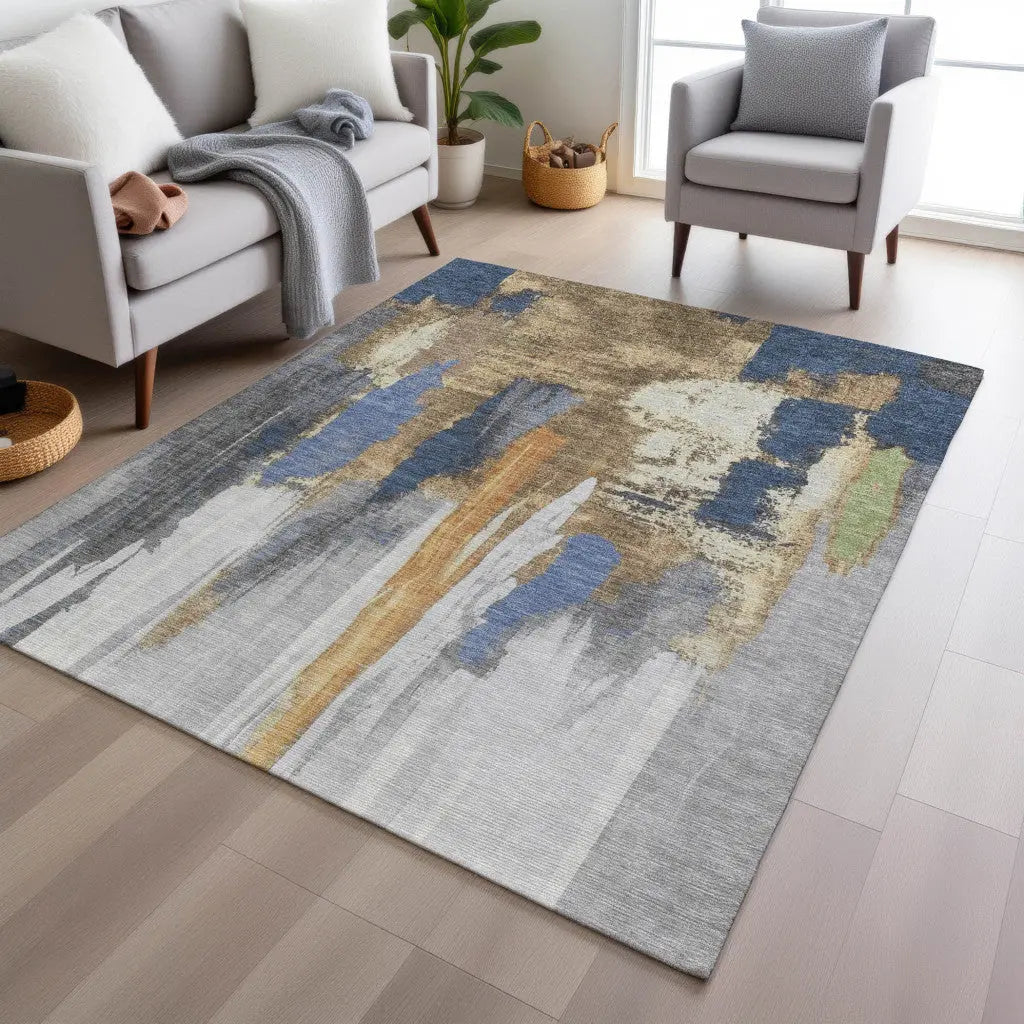8' X 10' Navy Blue And Gold Abstract Washable Indoor Outdoor Area Rug Homeroots Outdoor