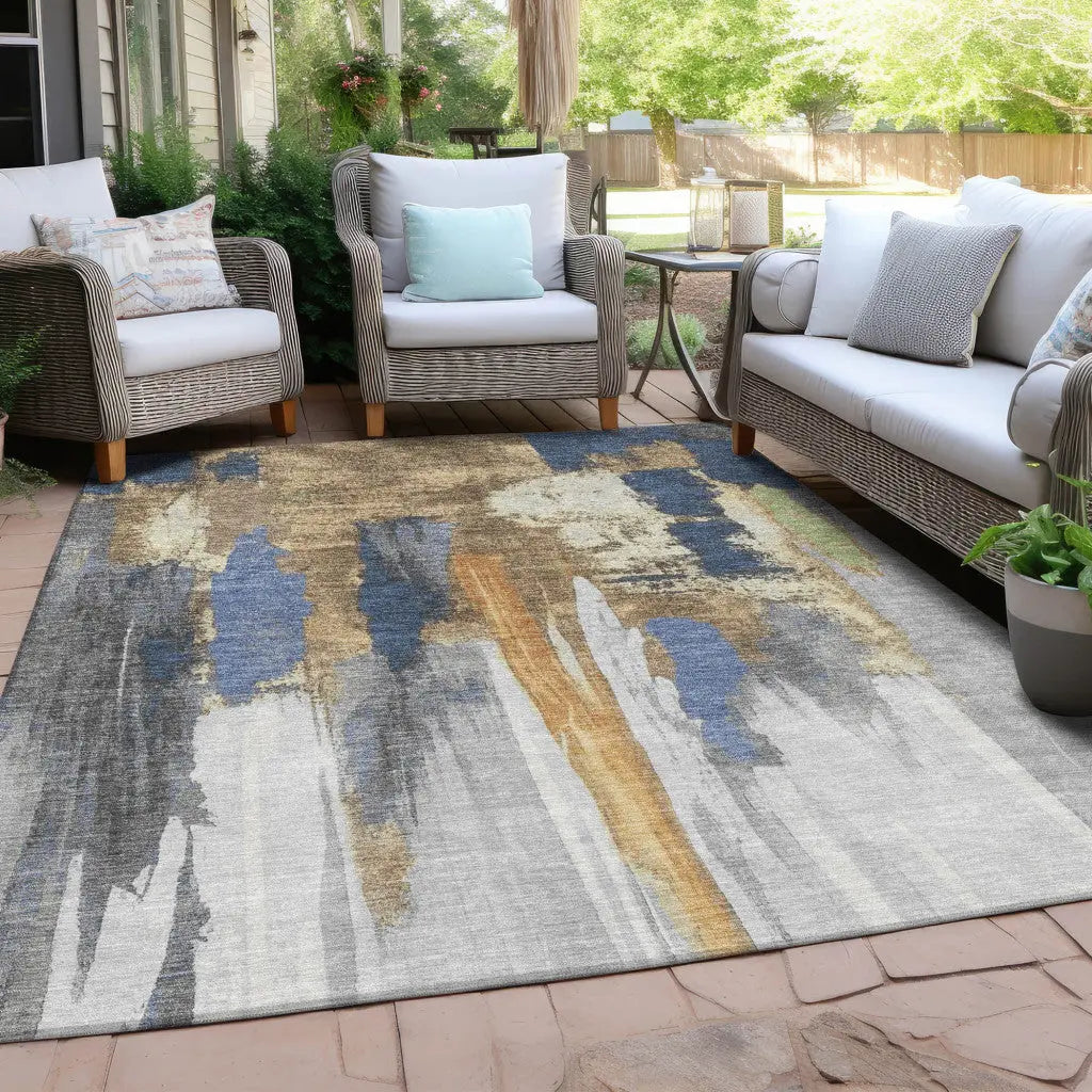 8' X 10' Navy Blue And Gold Abstract Washable Indoor Outdoor Area Rug Homeroots Outdoor