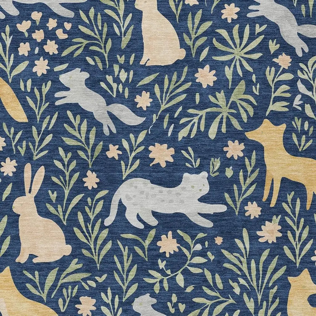 8' X 10' Navy Blue And Gold Botanical Leaves Washable Indoor Outdoor Area Rug Homeroots Outdoor