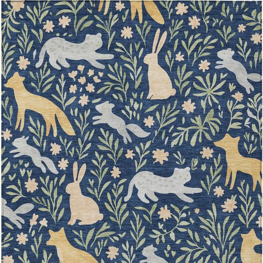 8' X 10' Navy Blue And Gold Botanical Leaves Washable Indoor Outdoor Area Rug Homeroots Outdoor