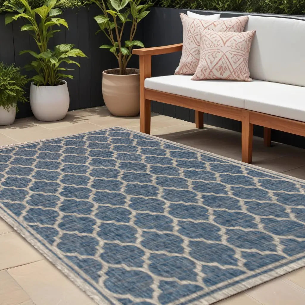 8' X 10' Navy Blue And Gray Geometric Indoor Outdoor Area Rug Homeroots Outdoor