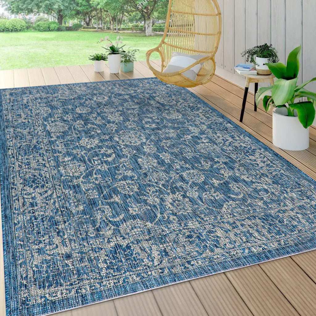 8' X 10' Navy Blue And Gray Medallion Indoor Outdoor Area Rug Homeroots Outdoor