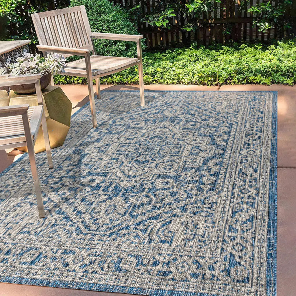 8' X 10' Navy Blue And Gray Medallion Indoor Outdoor Area Rug Homeroots Outdoor