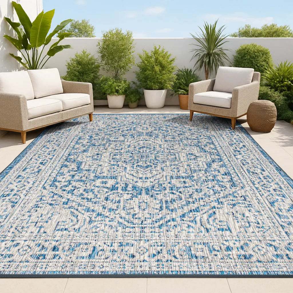 8' X 10' Navy Blue And Gray Medallion Indoor Outdoor Area Rug Homeroots Outdoor