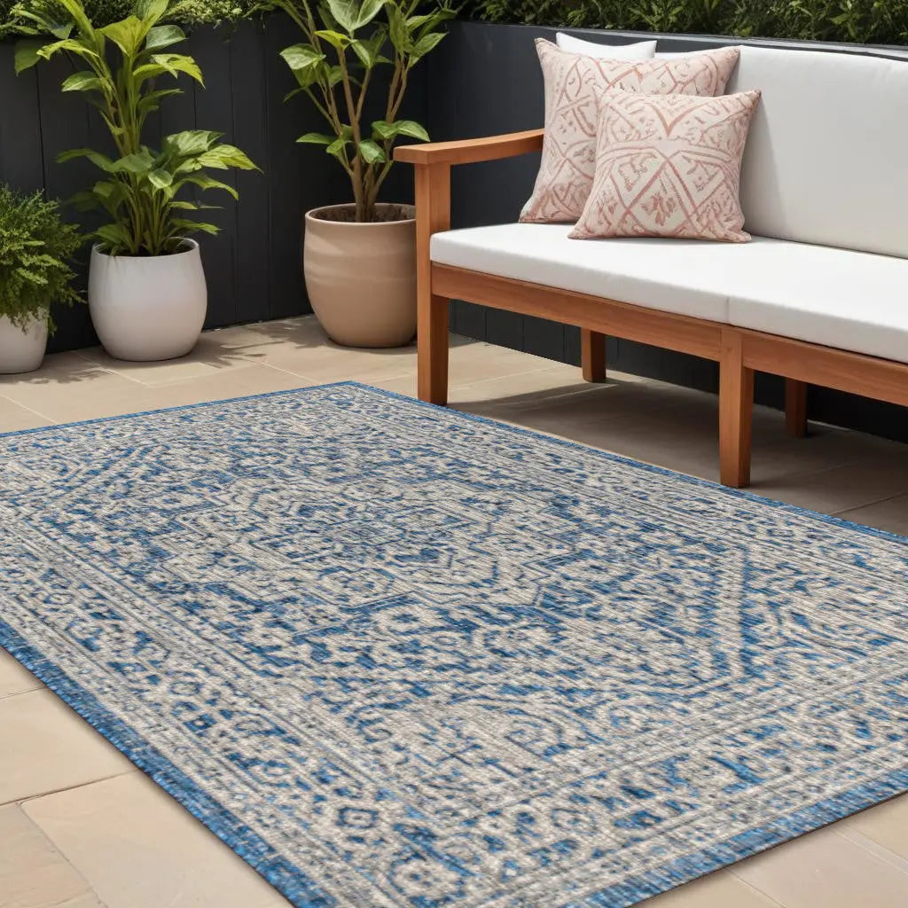 8' X 10' Navy Blue And Gray Medallion Indoor Outdoor Area Rug Homeroots Outdoor