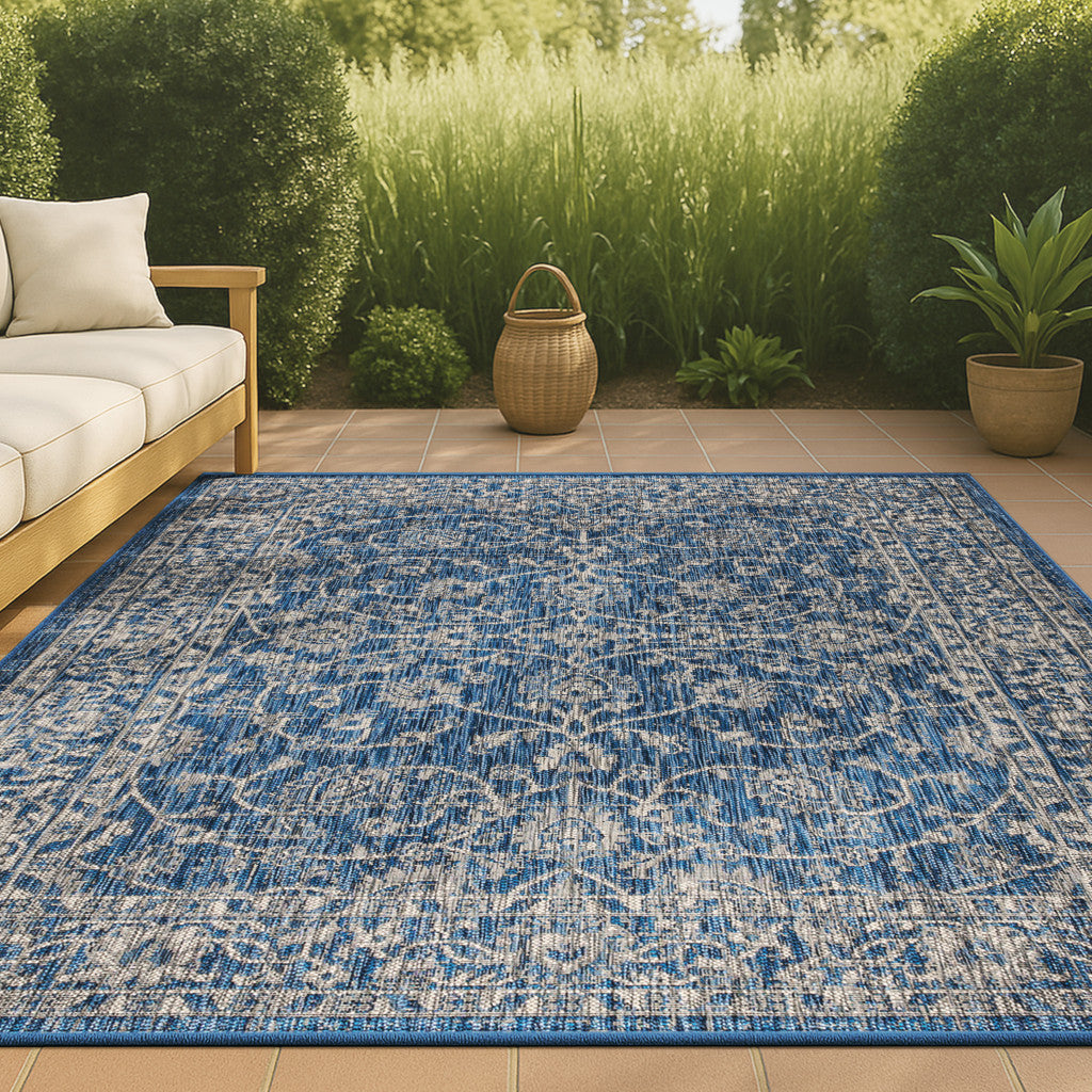 8' X 10' Navy Blue And Gray Medallion Indoor Outdoor Area Rug Homeroots Outdoor