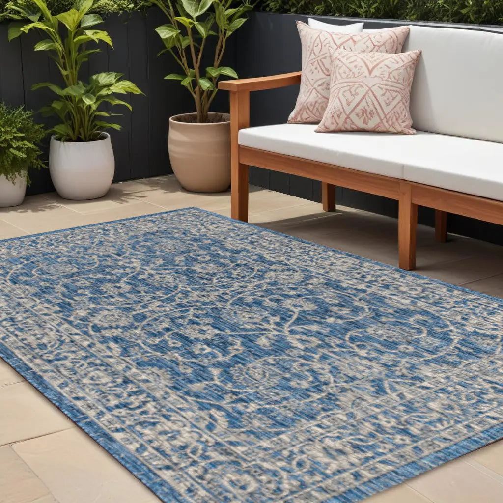 8' X 10' Navy Blue And Gray Medallion Indoor Outdoor Area Rug Homeroots Outdoor