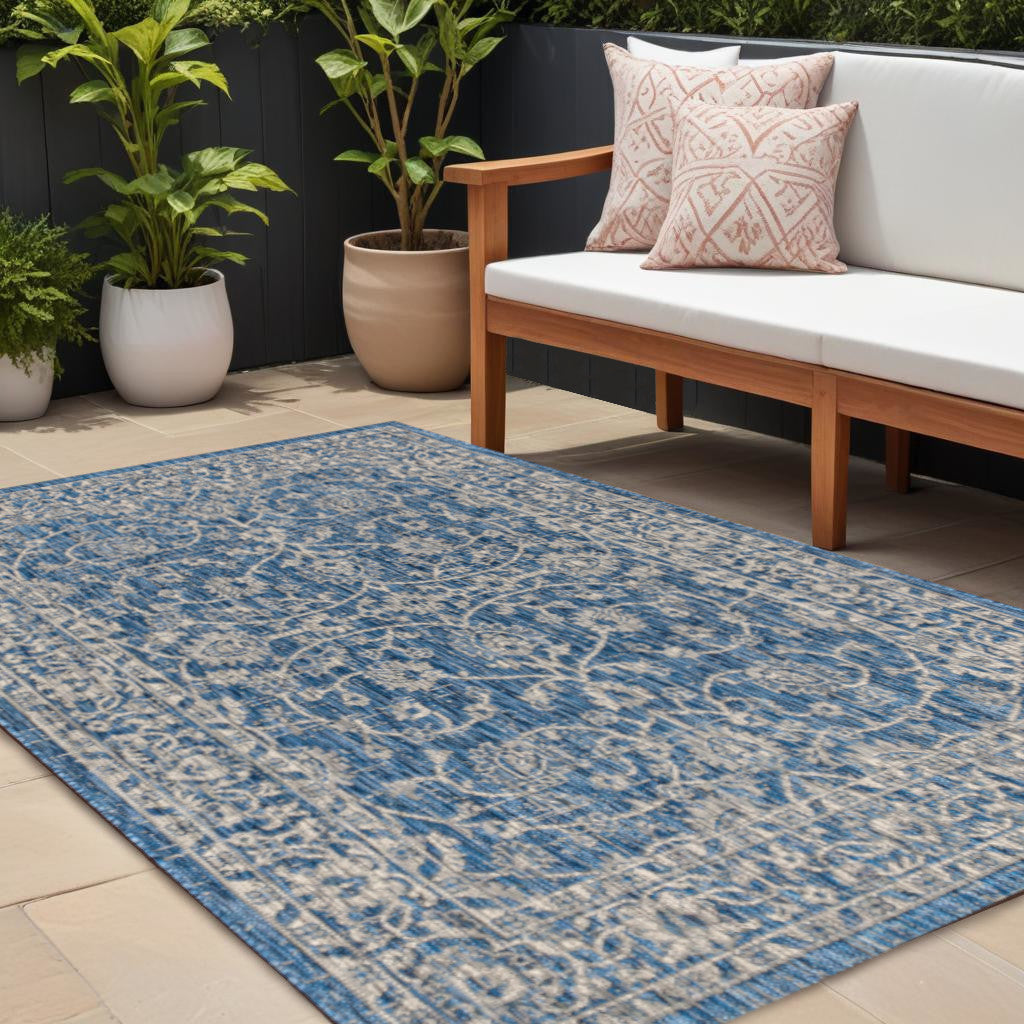 8' X 10' Navy Blue And Gray Medallion Indoor Outdoor Area Rug Homeroots Outdoor