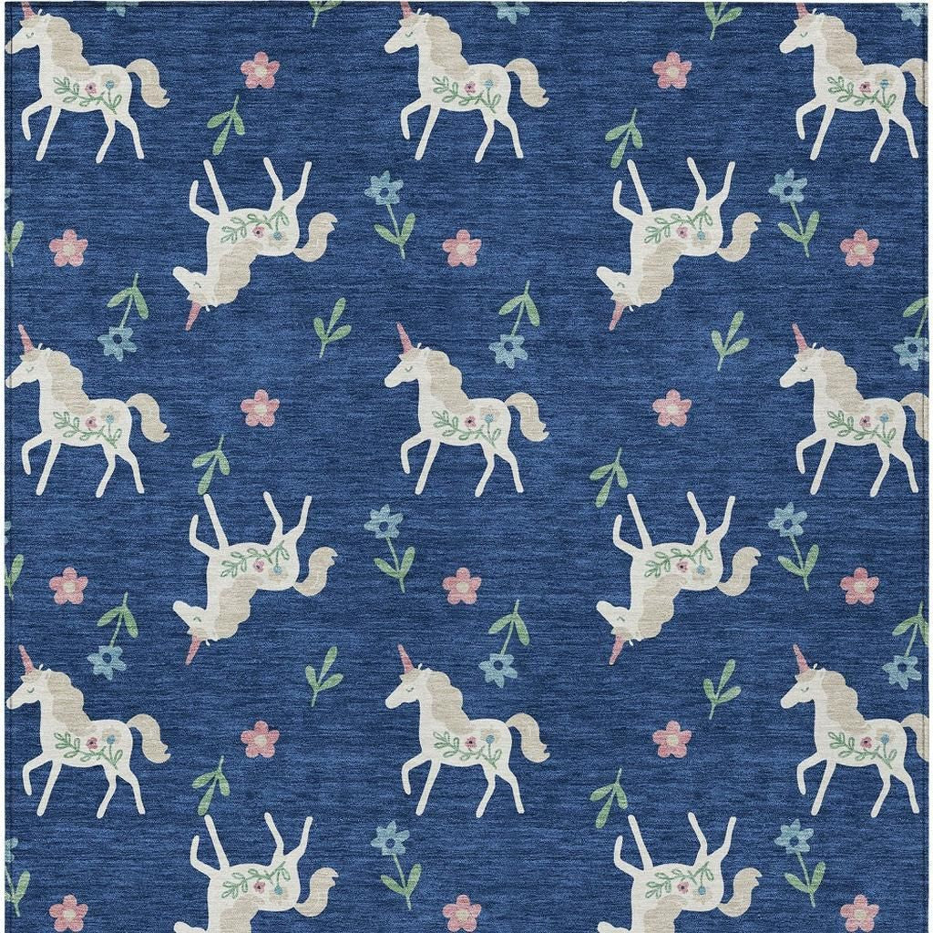 8' X 10' Navy Blue And Green Floral Washable Indoor Outdoor Area Rug Homeroots Outdoor