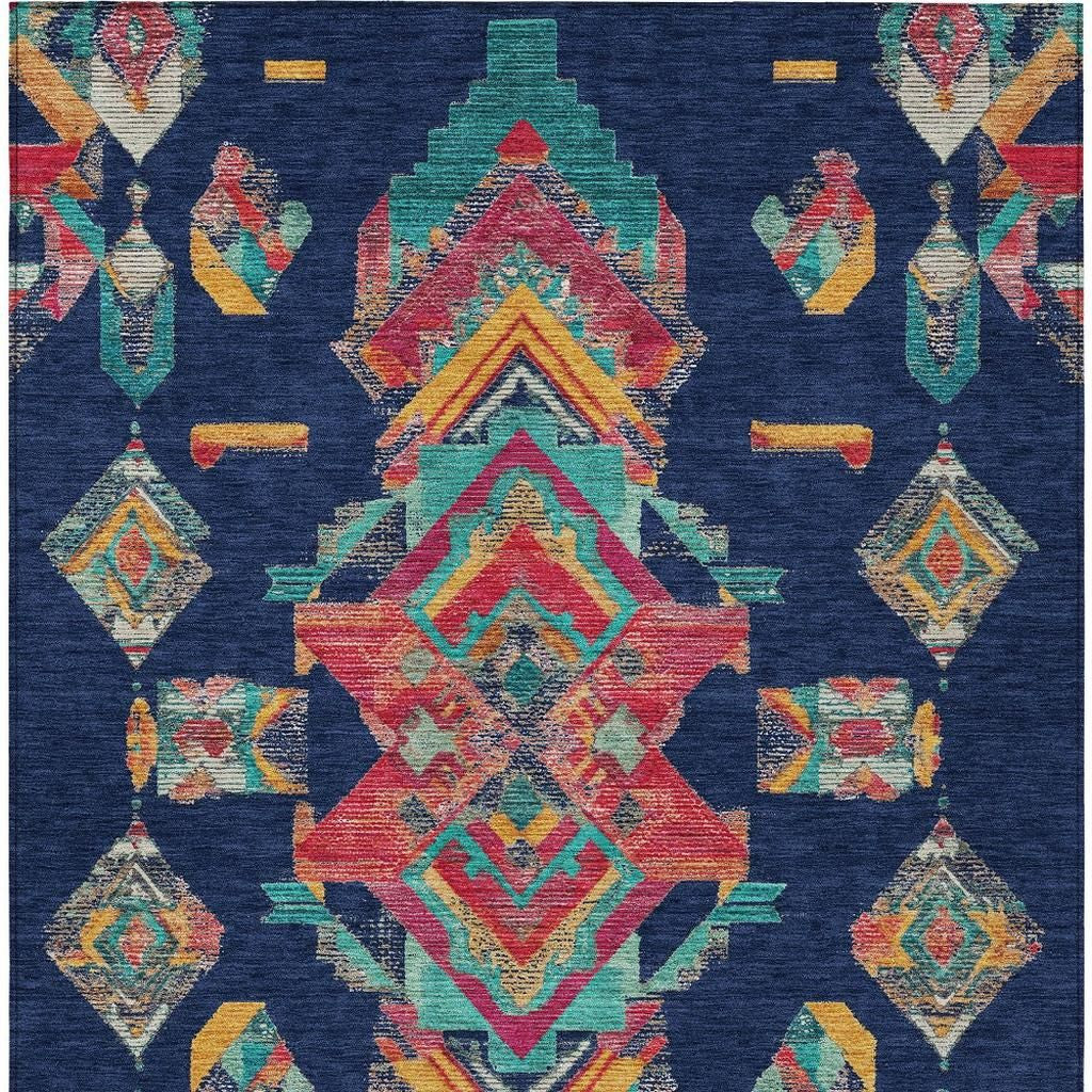 8' X 10' Navy Blue And Green Tribal Washable Indoor Outdoor Area Rug Homeroots Outdoor