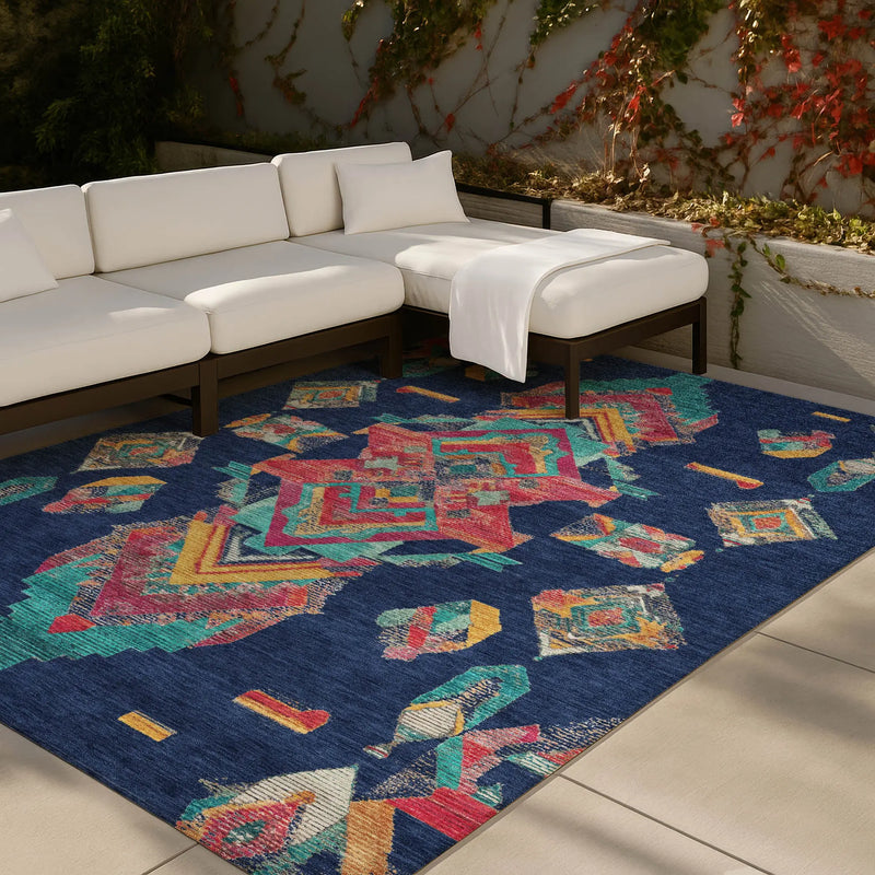 8' X 10' Navy Blue And Green Tribal Washable Indoor Outdoor Area Rug Homeroots Outdoor