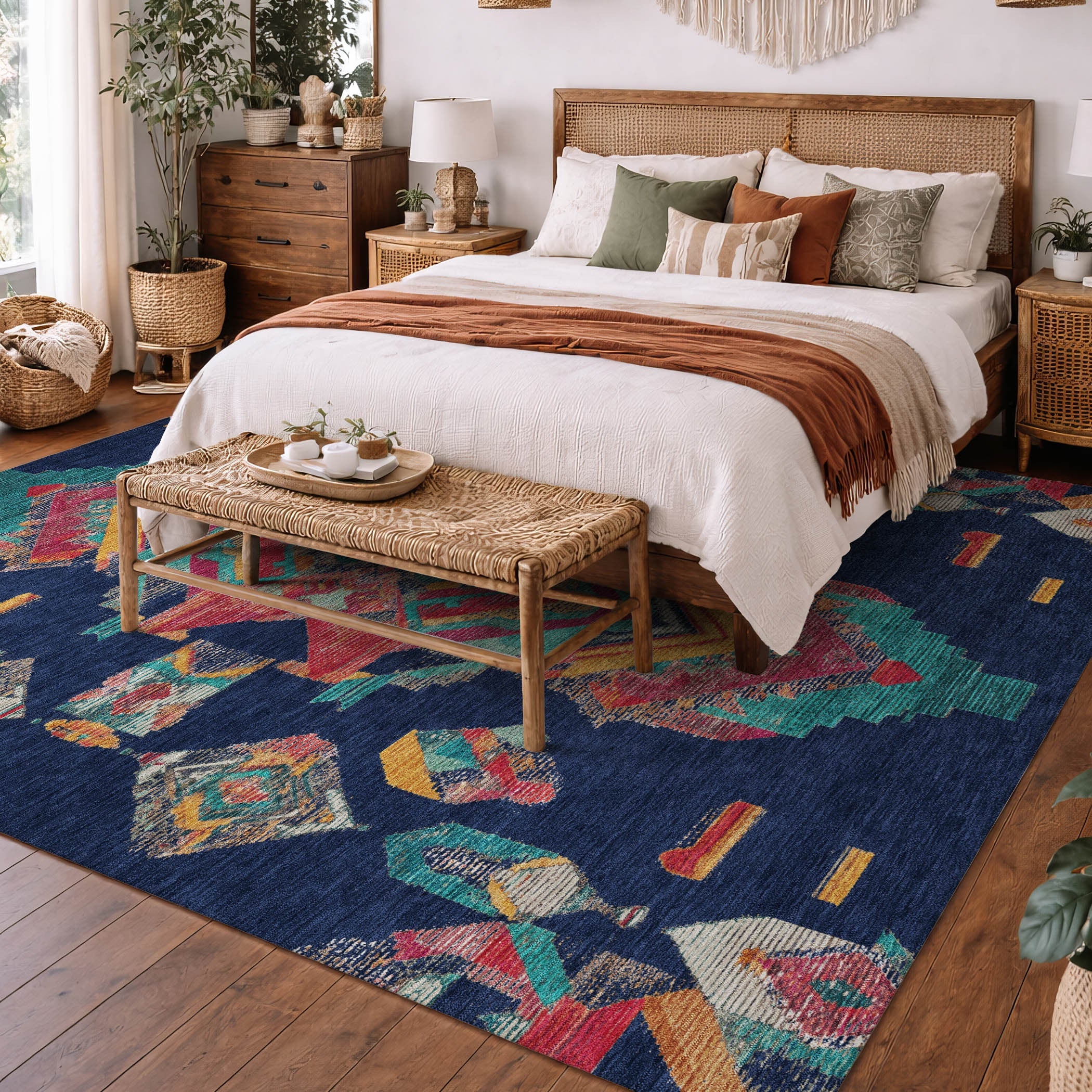 8' X 10' Navy Blue And Green Tribal Washable Indoor Outdoor Area Rug Homeroots Outdoor
