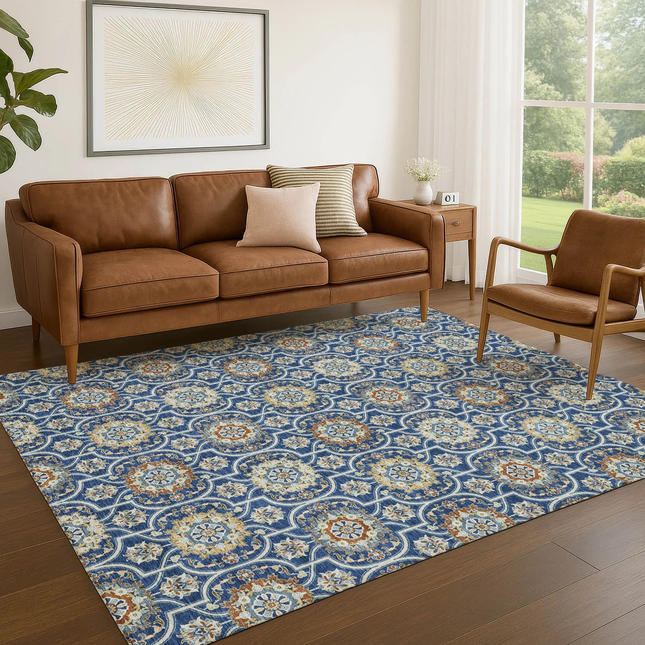 8' X 10' Navy Blue And Ivory Floral Medallion Washable Indoor Outdoor Area Rug Homeroots Outdoor