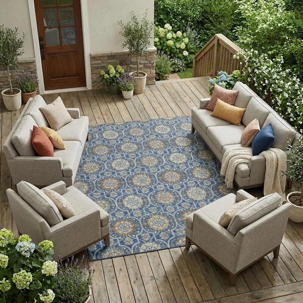 8' X 10' Navy Blue And Ivory Floral Medallion Washable Indoor Outdoor Area Rug Homeroots Outdoor