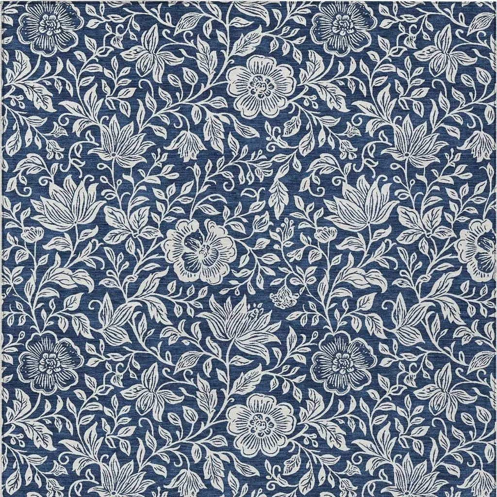 8' X 10' Navy Blue And Ivory Floral Washable Indoor Outdoor Area Rug Homeroots Outdoor